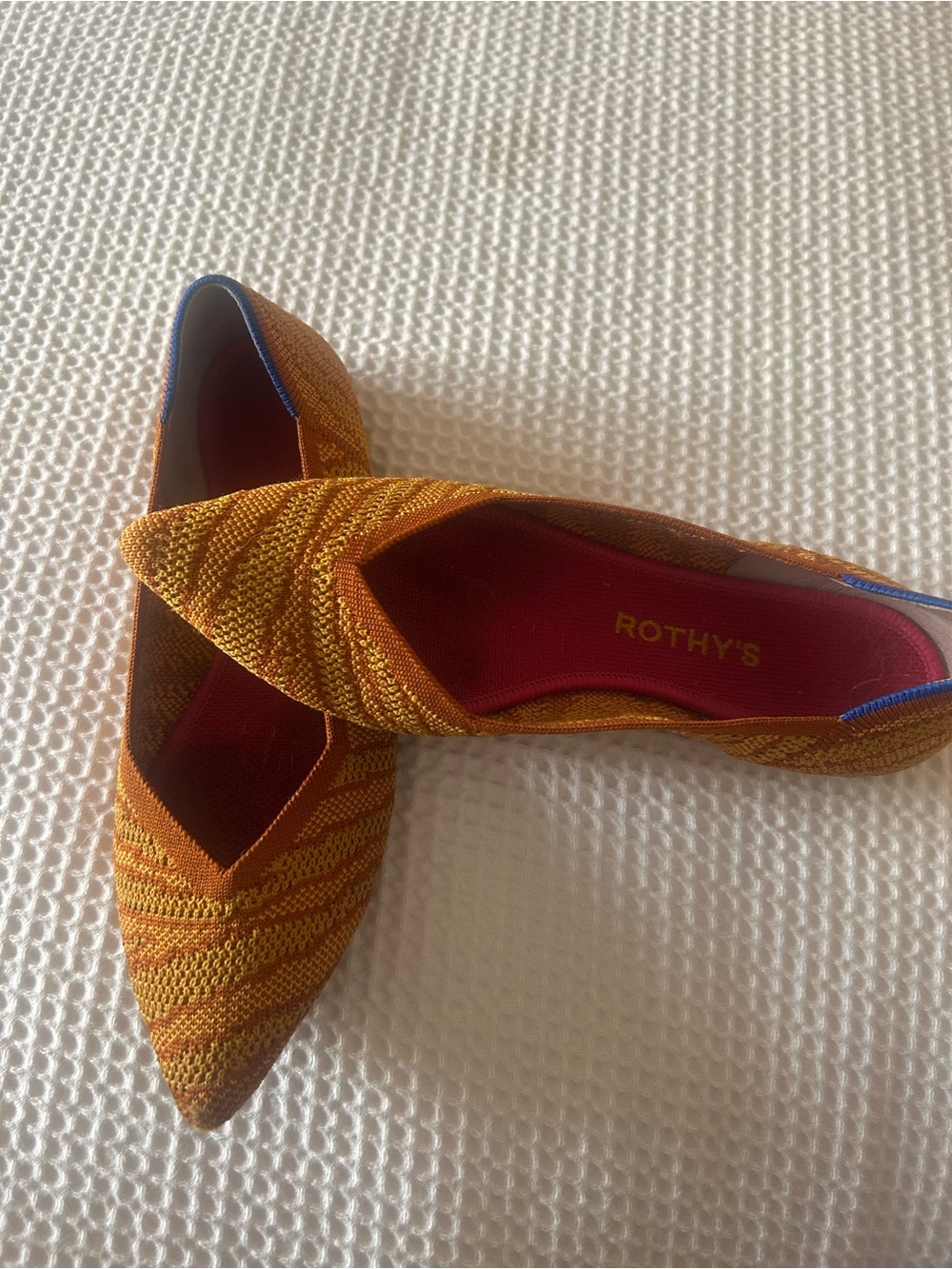 Rothy's Pointed Knit Flats in Mustard Yellow and Orange. Great condition.